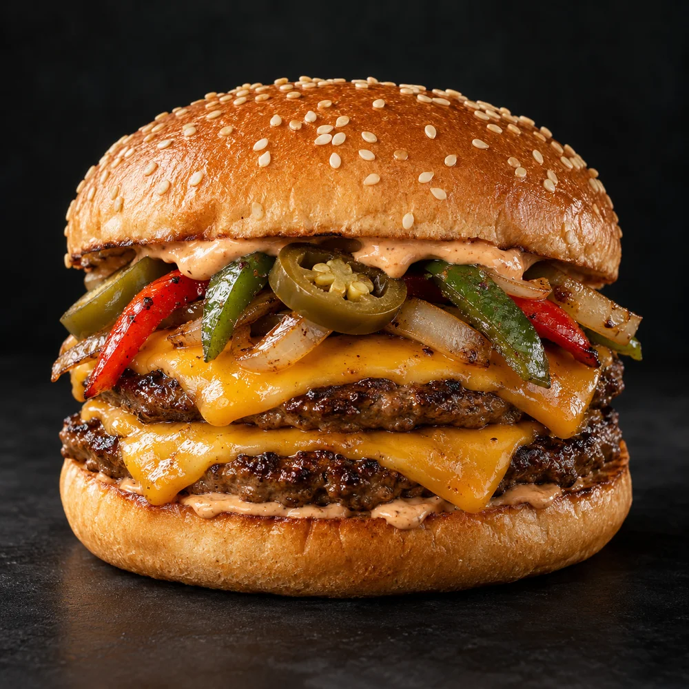 Double TEN burger with melted cheese, peppers and jalapeños
